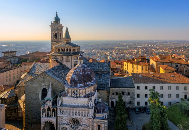 Panoramic view of Bergamo Upper Old Town with Cathedral, Lombardy, Italy